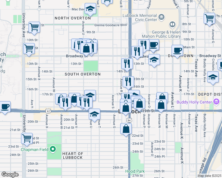 map of restaurants, bars, coffee shops, grocery stores, and more near 1907 16th Street in Lubbock