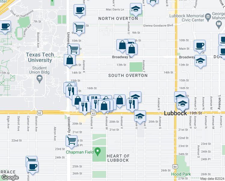 map of restaurants, bars, coffee shops, grocery stores, and more near 2209 16th Street in Lubbock