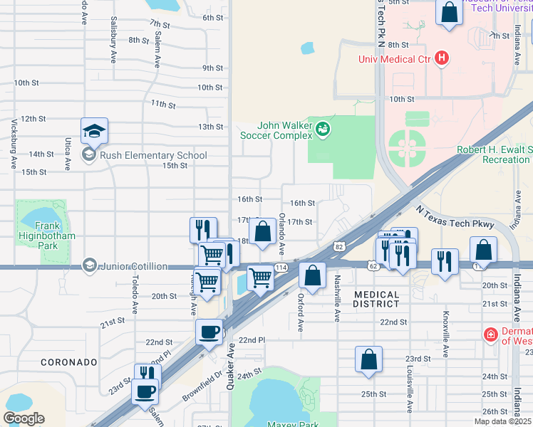 map of restaurants, bars, coffee shops, grocery stores, and more near 4204 17th Street in Lubbock