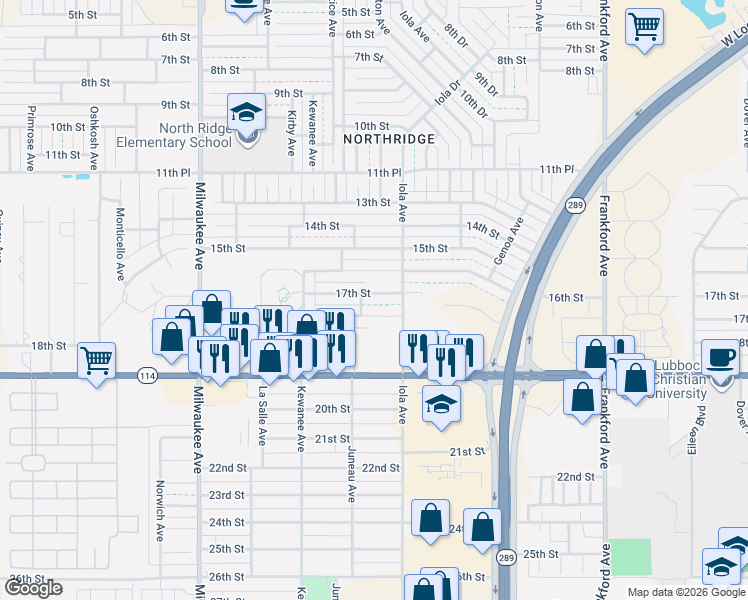 map of restaurants, bars, coffee shops, grocery stores, and more near 6105 17th Street in Lubbock