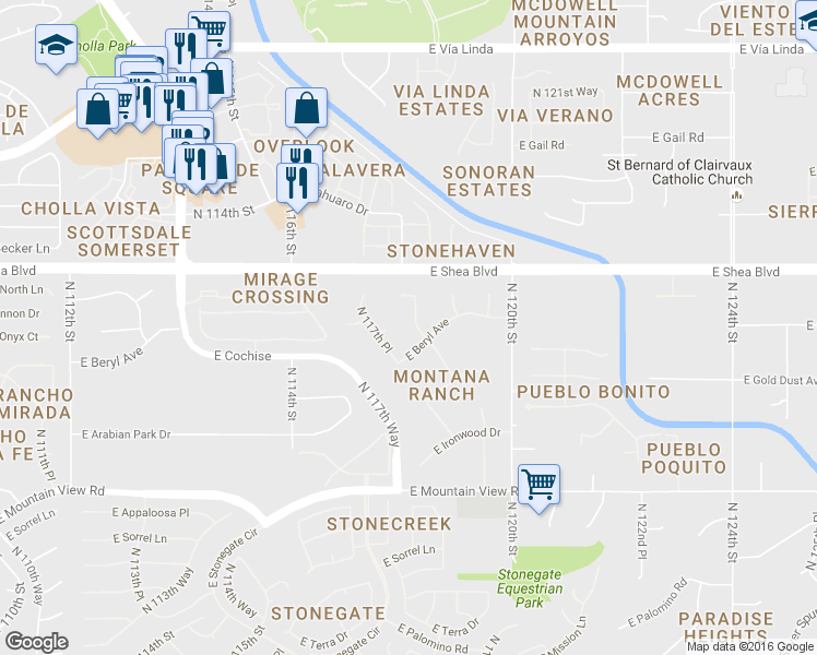 map of restaurants, bars, coffee shops, grocery stores, and more near 10371 North 117th Place in Scottsdale