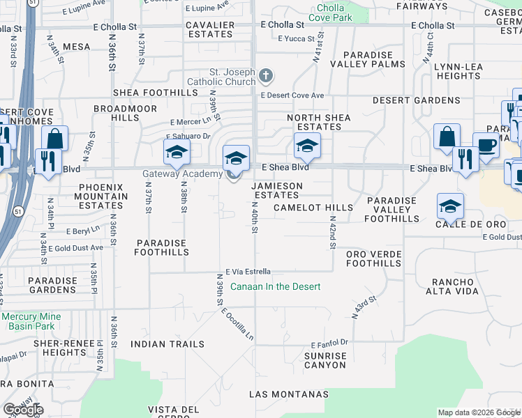 map of restaurants, bars, coffee shops, grocery stores, and more near 10248 East Cochise Road in Phoenix
