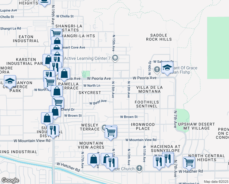 map of restaurants, bars, coffee shops, grocery stores, and more near 1424 West Cochise Drive in Phoenix