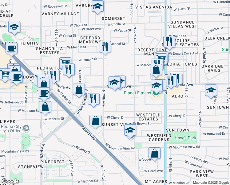 map of restaurants, bars, coffee shops, grocery stores, and more near 7785 West Peoria Avenue in Peoria
