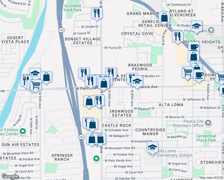 map of restaurants, bars, coffee shops, grocery stores, and more near 10590-2 North 90th Avenue in Peoria
