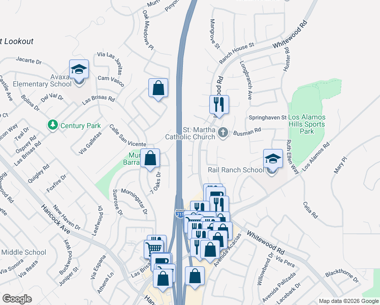 map of restaurants, bars, coffee shops, grocery stores, and more near 24798 Oakhurst in Murrieta