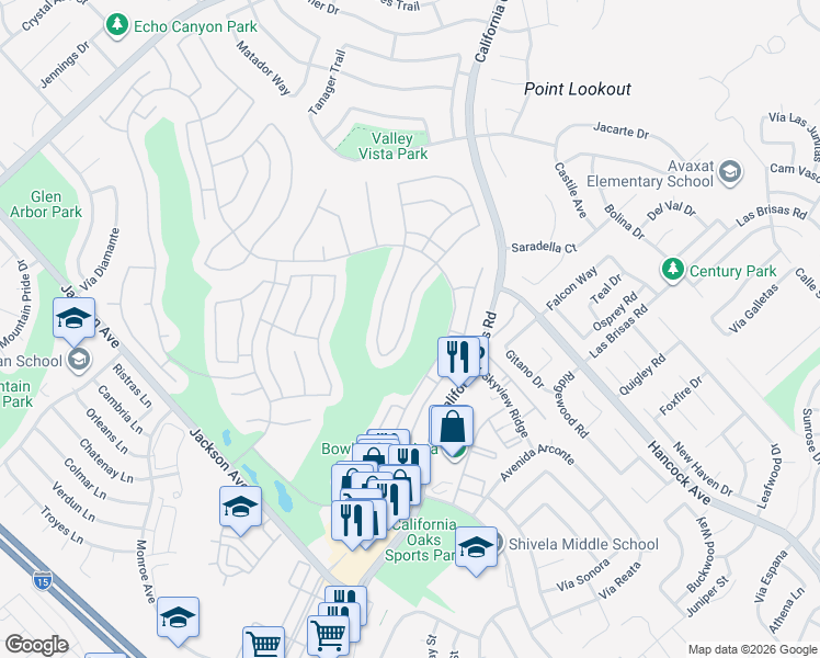 map of restaurants, bars, coffee shops, grocery stores, and more near 40275 Vía Tonada in Murrieta