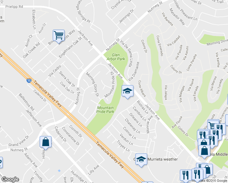 map of restaurants, bars, coffee shops, grocery stores, and more near 40874 Mountain Pride Drive in Murrieta