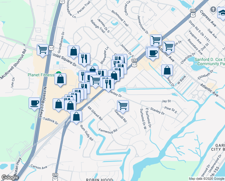 map of restaurants, bars, coffee shops, grocery stores, and more near 435 Stanley Drive in Murrells Inlet