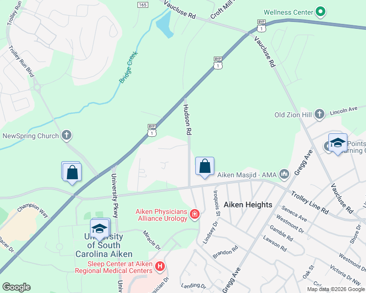 map of restaurants, bars, coffee shops, grocery stores, and more near 104 Joshua Lane in Aiken