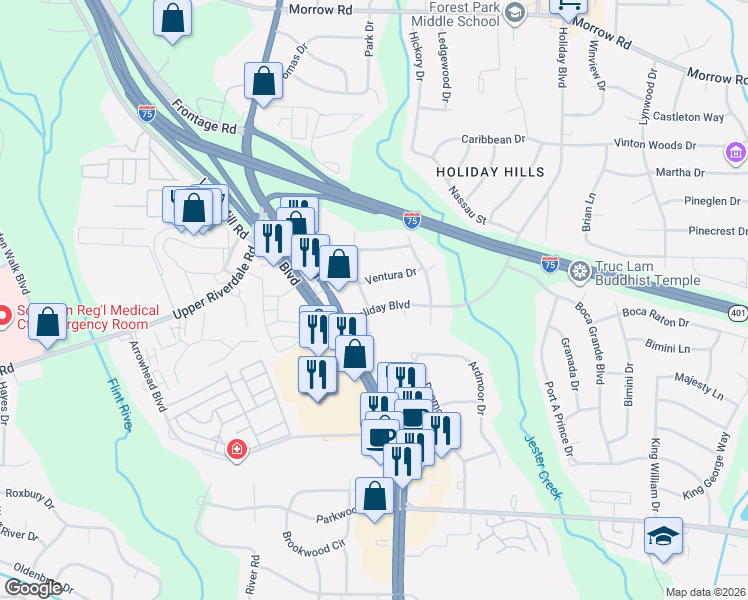 map of restaurants, bars, coffee shops, grocery stores, and more near 6383 Waikiki Way in Forest Park