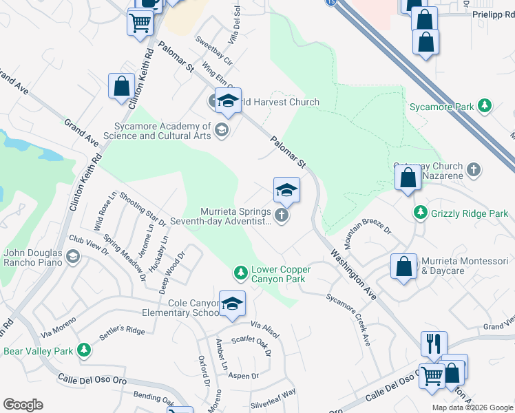 map of restaurants, bars, coffee shops, grocery stores, and more near 37119 Starbuck Circle in Murrieta