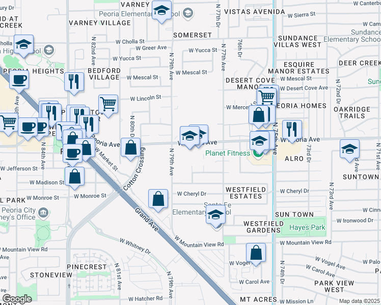 map of restaurants, bars, coffee shops, grocery stores, and more near 7785 West Peoria Avenue in Peoria