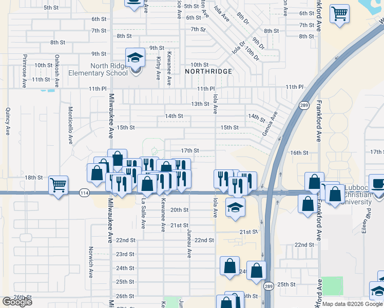 map of restaurants, bars, coffee shops, grocery stores, and more near 6201 17th Street in Lubbock