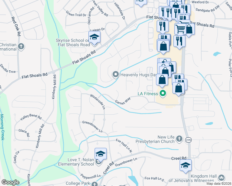 map of restaurants, bars, coffee shops, grocery stores, and more near 230 Amethyst Court in College Park