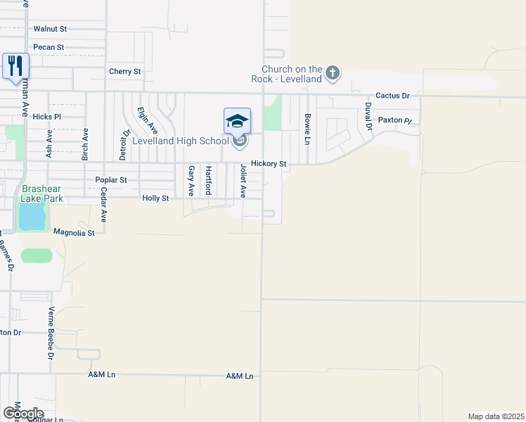map of restaurants, bars, coffee shops, grocery stores, and more near 881 Alamo Road in Levelland