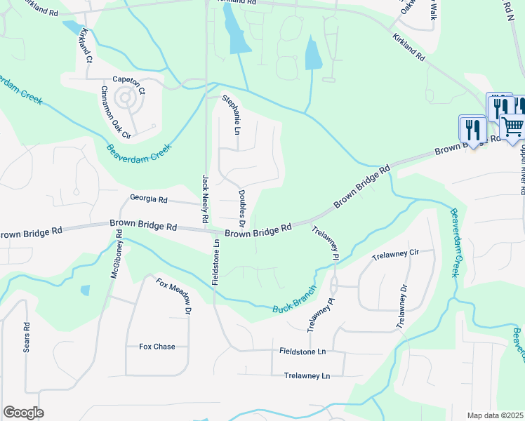 map of restaurants, bars, coffee shops, grocery stores, and more near 11876 Brown Bridge Road in Covington