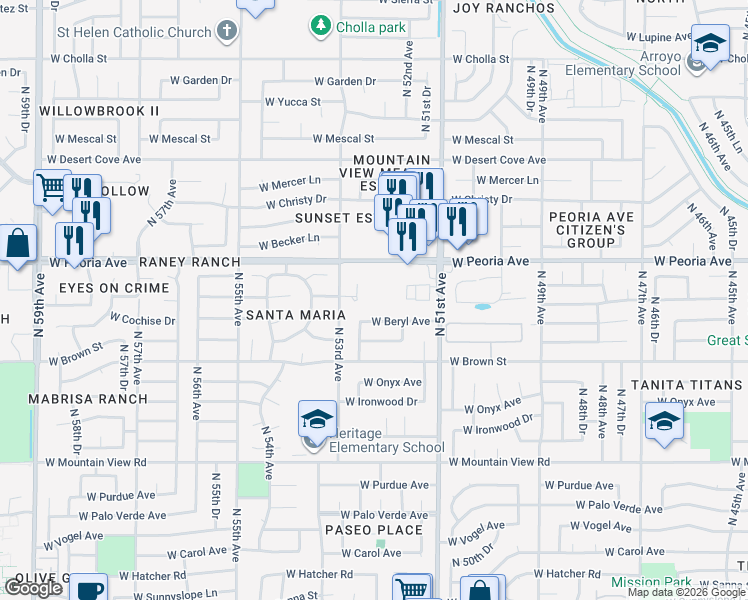 map of restaurants, bars, coffee shops, grocery stores, and more near 5215 West Peoria Avenue in Glendale