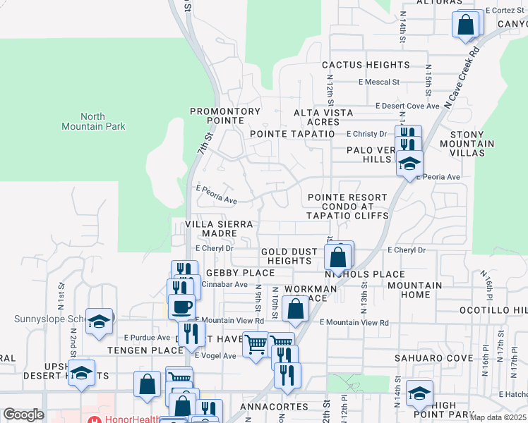map of restaurants, bars, coffee shops, grocery stores, and more near 10407 North 9th Street in Phoenix