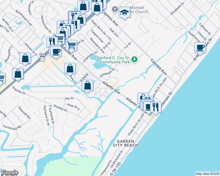 map of restaurants, bars, coffee shops, grocery stores, and more near 315 Inlet Road in Murrells Inlet