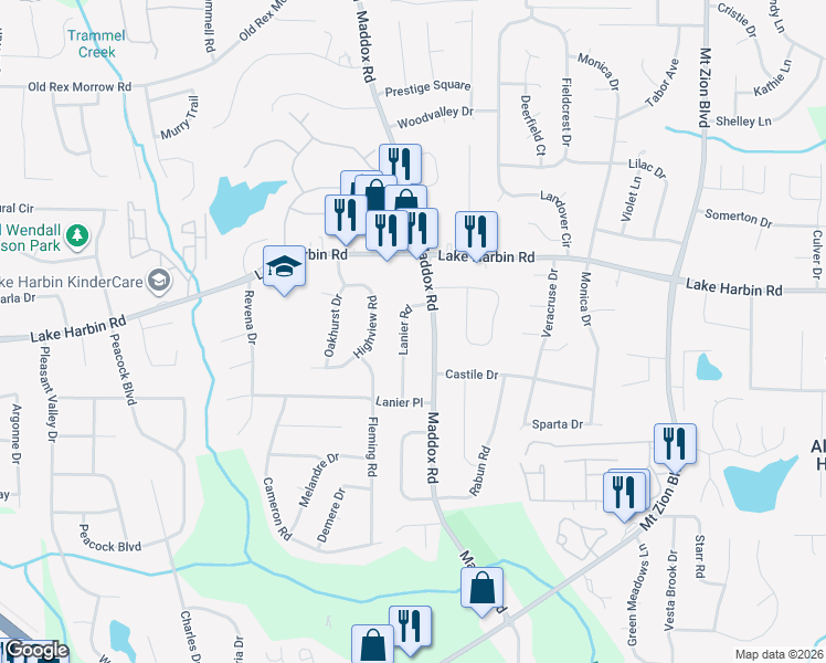 map of restaurants, bars, coffee shops, grocery stores, and more near 6390 Lanier Road in Morrow