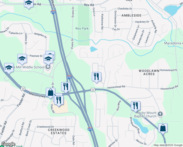 map of restaurants, bars, coffee shops, grocery stores, and more near in Rex