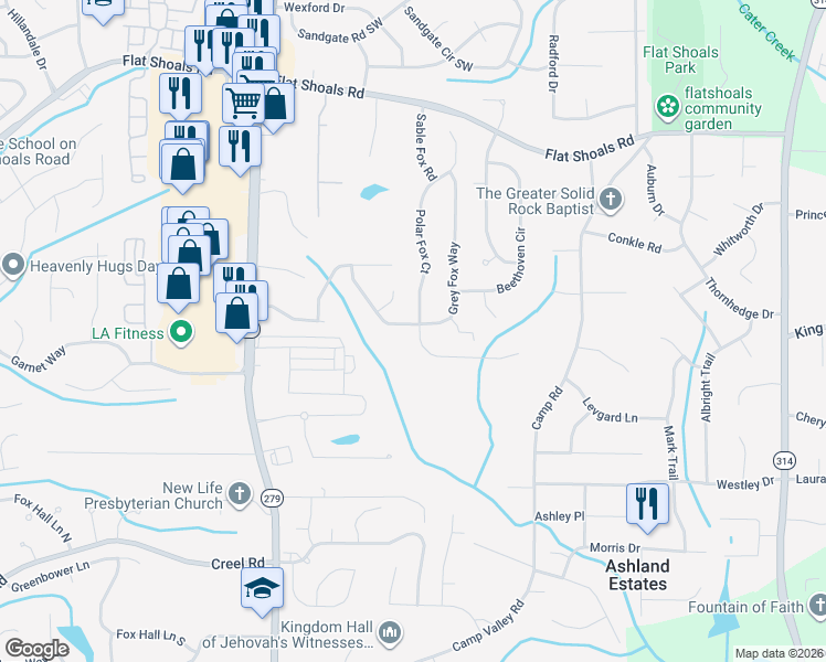 map of restaurants, bars, coffee shops, grocery stores, and more near 6357 Polar Fox Court in Riverdale