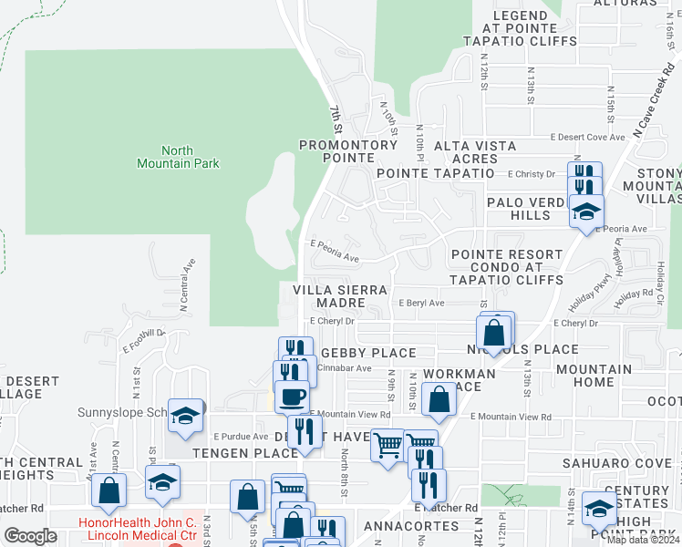 map of restaurants, bars, coffee shops, grocery stores, and more near 735 East North Lane in Phoenix