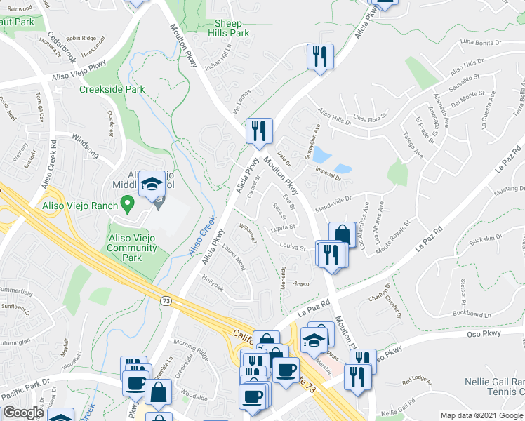 map of restaurants, bars, coffee shops, grocery stores, and more near 26332 Ramona Street in Laguna Hills