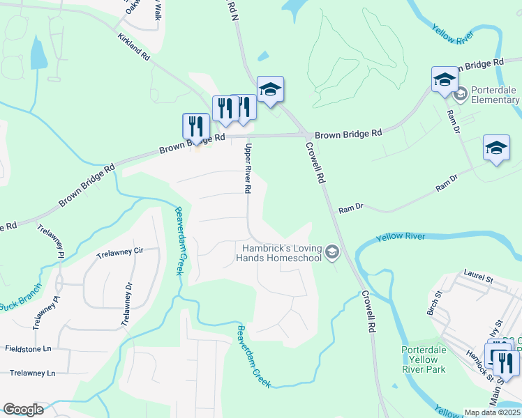 map of restaurants, bars, coffee shops, grocery stores, and more near 232 Upper River Road in Covington