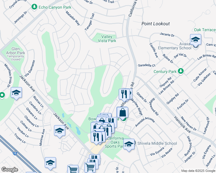 map of restaurants, bars, coffee shops, grocery stores, and more near 40275 Vía Tonada in Murrieta
