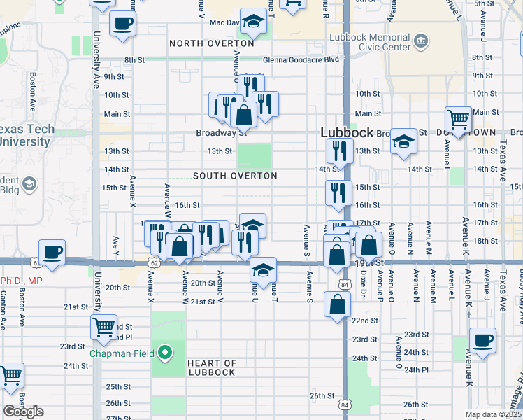 map of restaurants, bars, coffee shops, grocery stores, and more near 2007 16th St in Lubbock