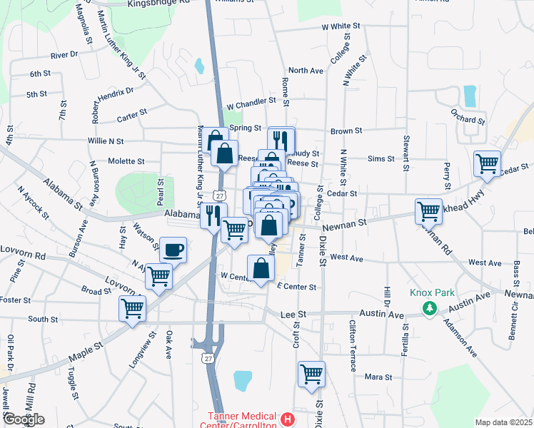 map of restaurants, bars, coffee shops, grocery stores, and more near 402 Adamson Square in Carrollton