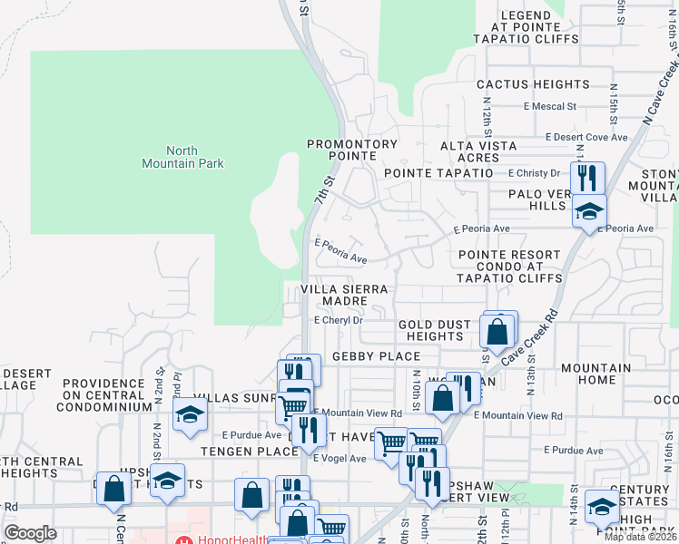 map of restaurants, bars, coffee shops, grocery stores, and more near 735 East North Lane in Phoenix