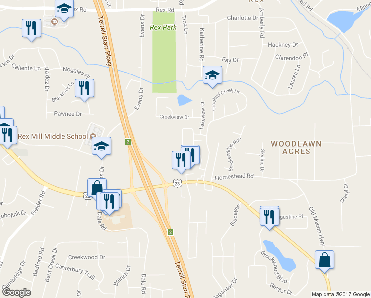 map of restaurants, bars, coffee shops, grocery stores, and more near 6326 Ellenwood Drive in Rex