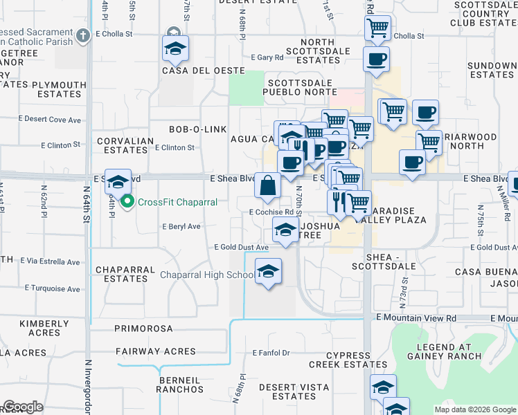 map of restaurants, bars, coffee shops, grocery stores, and more near 2 East Cochise Road in Scottsdale