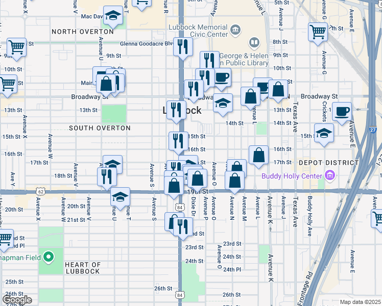 map of restaurants, bars, coffee shops, grocery stores, and more near 1629 16th Street in Lubbock