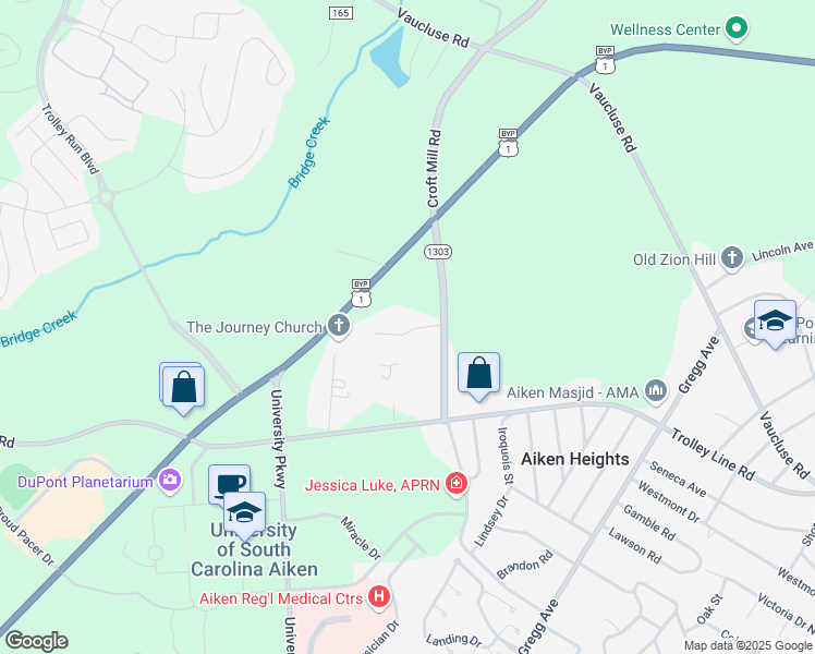 map of restaurants, bars, coffee shops, grocery stores, and more near 124 Joshua Lane in Aiken