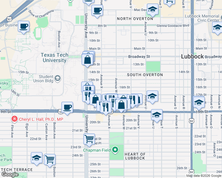 map of restaurants, bars, coffee shops, grocery stores, and more near 2309 16th Street in Lubbock