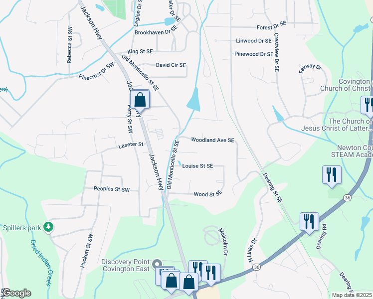 map of restaurants, bars, coffee shops, grocery stores, and more near 7153 Old Monticello Street Southeast in Covington
