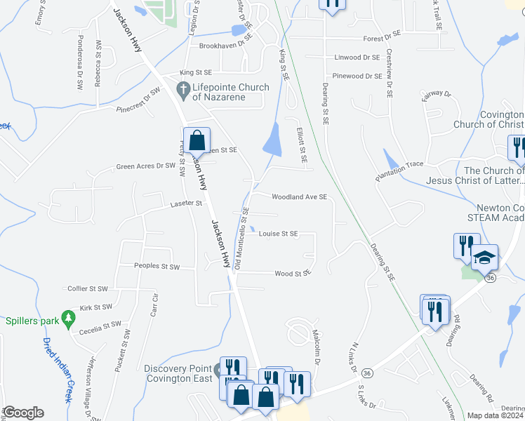 map of restaurants, bars, coffee shops, grocery stores, and more near 7153 Old Monticello Street Southeast in Covington