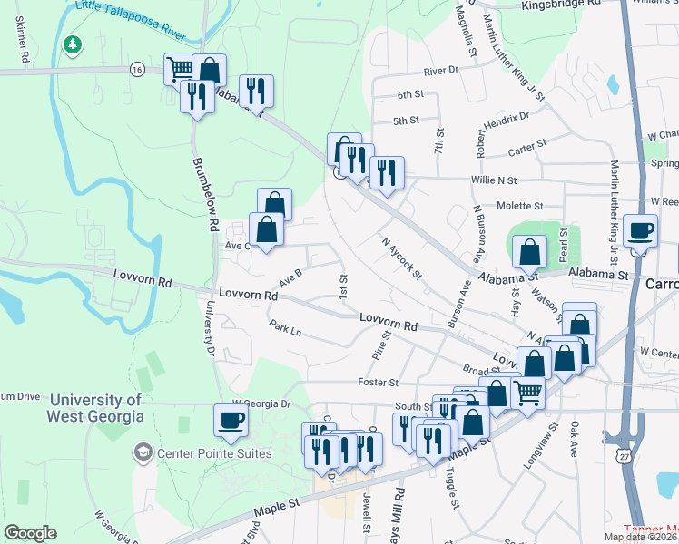 map of restaurants, bars, coffee shops, grocery stores, and more near 222 1st Street in Carrollton