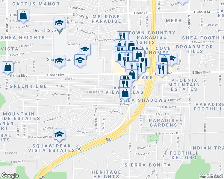 map of restaurants, bars, coffee shops, grocery stores, and more near 3030 East Cochise Road in Phoenix