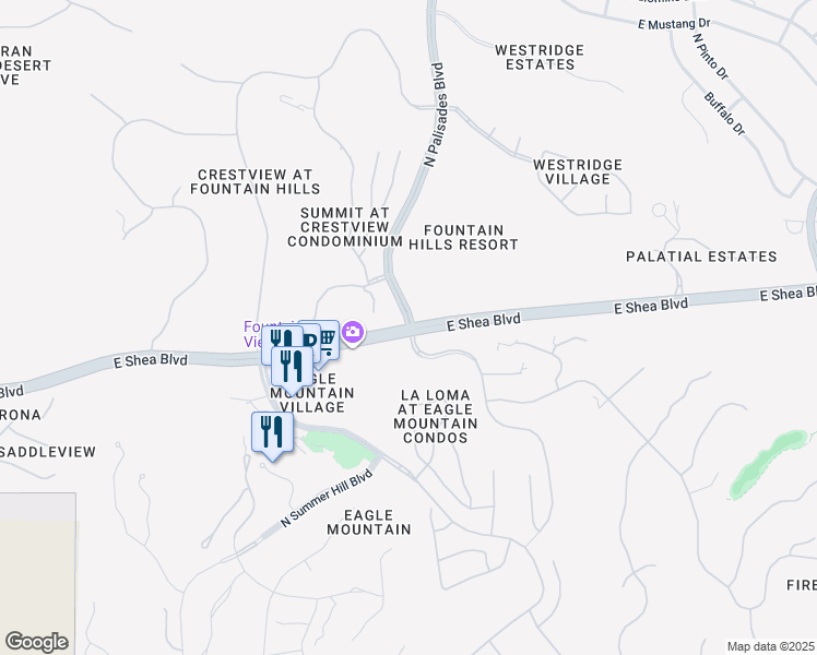 map of restaurants, bars, coffee shops, grocery stores, and more near E Shea Blvd & N Palisades Blvd in Fountain Hills