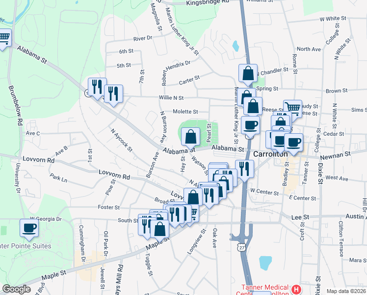 map of restaurants, bars, coffee shops, grocery stores, and more near 607 Alabama Street in Carrollton
