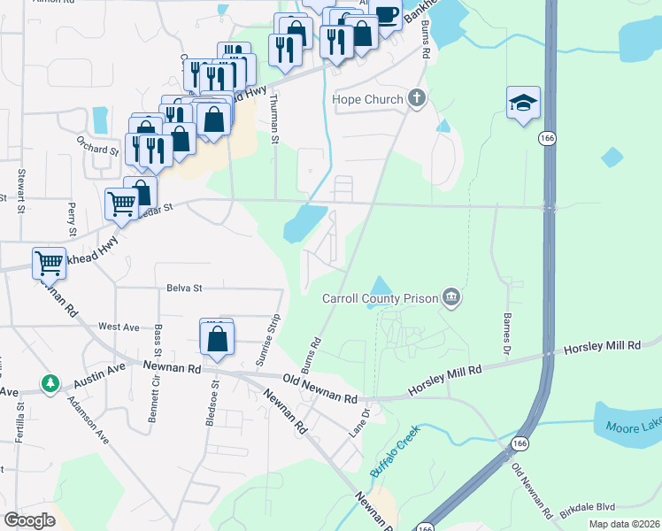 map of restaurants, bars, coffee shops, grocery stores, and more near 717 Burns Road in Carrollton