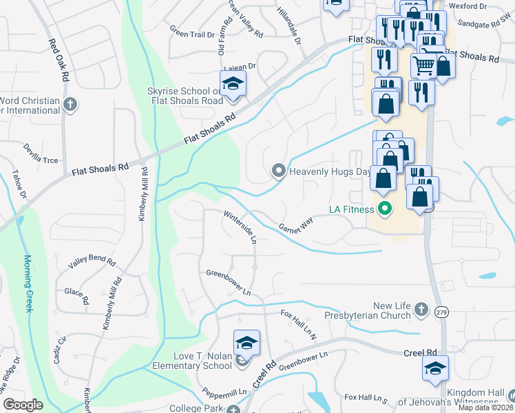 map of restaurants, bars, coffee shops, grocery stores, and more near 3095 Garnet Way in Atlanta