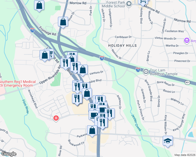 map of restaurants, bars, coffee shops, grocery stores, and more near 6445 Holiday Boulevard in Forest Park