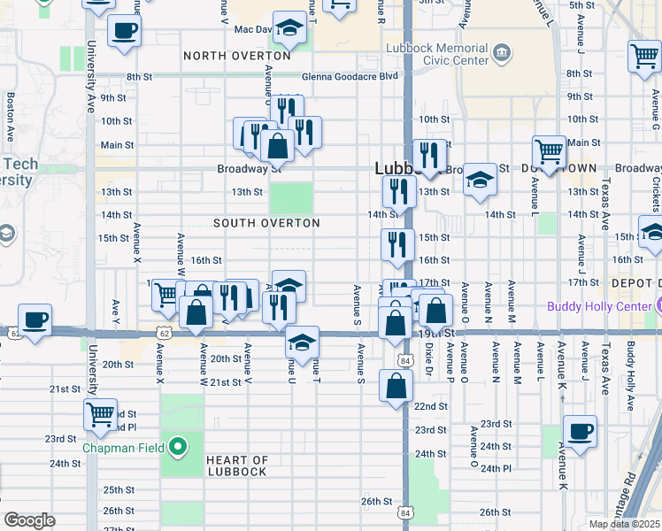 map of restaurants, bars, coffee shops, grocery stores, and more near 1915 16th Street in Lubbock