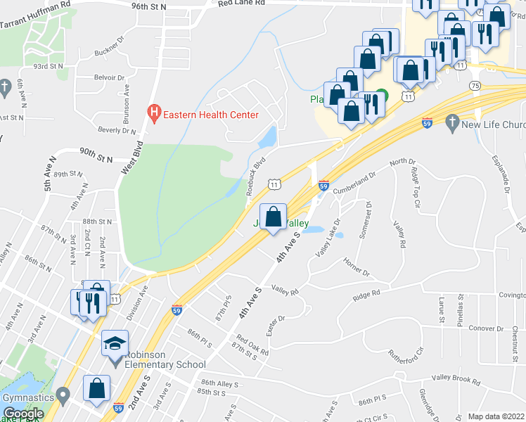 map of restaurants, bars, coffee shops, grocery stores, and more near 8907 Parkway East in Birmingham